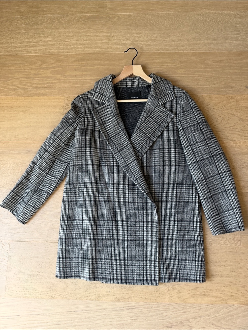 Theory Black and Gray Plaid Wool Cashmere Open Front Jacket with Pockets